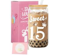 Nwvuop Regalos de cumpleaños número 15 para niñas, juego de vasos de cristal de 15 cumpleaños de 16 onzas con pajita, tarjeta para niñas de 15 años, regalos para hija, hermana, sobrina