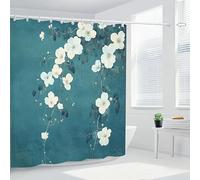 NXMYDBD Cortina de Ducha Floral Azul, Flores pálidas sobre Fondo Verde Azulado Suave, poliéster Resistente, Lavable a máquina, decoración para el hogar con Ganchos 290(W) x(H) 200cm