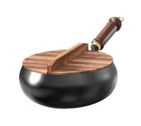 Nybhyjka Sartén china de hierro fundido con tapa de madera, sartén de hierro sin revestimiento, olla grande forjada a mano, recipiente de cocina versátil para cocinar a fuego lento y freír a alta