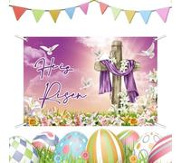 Nybhyjka Telón de Fondo de Jesús de Pascua | Cartel Grande con Texto en inglés He Is Risen, 120 x 80 cm, Fondo de fotografía, Impermeable, Bandera navideña para Iglesia, Porche