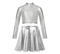 Nyeemya Brillante Top y Falda de Danza para Niña Conjunto Deportiva 2 Piezas Traje Gimnasia Rítmica Patinaje Artístico Vestidos Plateado C 11-12 años