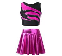 Nyeemya Brillante Top y Falda de Danza para Niña Conjunto Deportiva 2 Piezas Traje Gimnasia Rítmica Patinaje Artístico Vestidos Rosa Caliente A 13-14 años