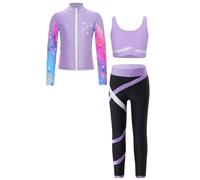 Nyeemya Conjunto de Deportivo para Niñas Chándal de 3Pieza Crop Top sin Manga Pantalones Leggings Largos y Chaqueta Ropa de Deporte Danza Gimnasia Yoga Fitness 5-16años Púrpura claro 13-14 años