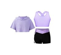 Nyeemya Conjunto Deportivo 3piezas Niñas Crop Top y Pantalón Corto y Suadadera Tenis Yoga 5-16 años una lavanda 9-10 años