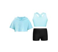 Nyeemya Conjunto Deportivo 3piezas Niñas Crop Top y Pantalón Corto y Suadadera Tenis Yoga 5-16 años B azul claro 9-10 años