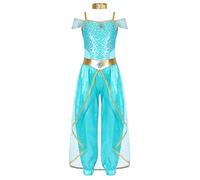 Nyeemya Disfraz de Danza del Vientre con Lentejuelas para Niñas Ropa de Baile Traje Pantalón Deportivo Harem Halloween Carnaval Costume Azul claro A 11-12 años