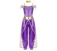 Nyeemya Disfraz de Danza del Vientre con Lentejuelas para Niñas Ropa de Baile Traje Pantalón Deportivo Harem Halloween Carnaval Costume Morado A 5-6 años