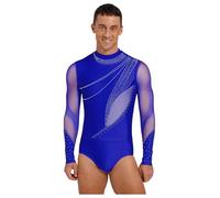 Nyeemya Maillot Baile de Salón Latino para Hombre Camisa de Patinaje Artístico Body de Manga Larga con Pedrería Brillante Camisa de Gimnasia M-3XL Azul real XXL