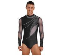 Nyeemya Maillot Baile de Salón Latino para Hombre Camisa de Patinaje Artístico Body de Manga Larga con Pedrería Brillante Camisa de Gimnasia M-3XL Negro M