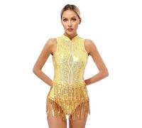 Nyeemya Maillot con Flecos Mujer Lentejuelas Body Maillot de Danza Ballet Gimnasia de sin Mangas Vestido de Baile de Salon Latino Salsa Rumba B Dorado XL