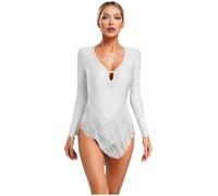Nyeemya Maillot de Baile Latino para Mujer con Borlas Leotardo de Jazz Espalda Abierta Tango con Pedrerías Brillantes Disfraz de Bailarina S-XXL Marfil S
