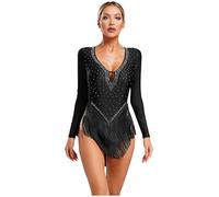 Nyeemya Maillot de Baile Latino para Mujer con Borlas Leotardo de Jazz Espalda Abierta Tango con Pedrerías Brillantes Disfraz de Bailarina S-XXL Negro L