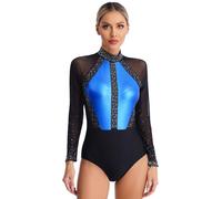 Nyeemya Maillot de Danza Ballet Gimnasia Leotardo manga larga Body para Mujer Clásico Brillante Mono Patinaje Artístico Traje Deportivo Ropa de Baile Azul real A S