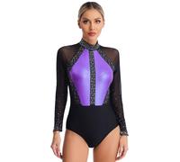 Nyeemya Maillot de Danza Ballet Gimnasia Leotardo manga larga Body para Mujer Clásico Brillante Mono Patinaje Artístico Traje Deportivo Ropa de Baile Púrpura claro A L