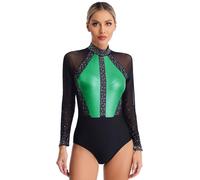 Nyeemya Maillot de Danza Ballet Gimnasia Leotardo manga larga Body para Mujer Clásico Brillante Mono Patinaje Artístico Traje Deportivo Ropa de Baile Verde A M