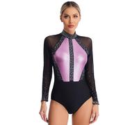 Nyeemya Maillot de Danza Ballet Gimnasia Leotardo manga larga Body para Mujer Clásico Brillante Mono Patinaje Artístico Traje Deportivo Ropa de Baile Rosa A M