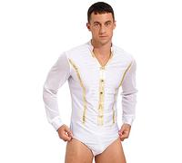 Nyeemya Maillot de Danza Ballet para Hombre Manga Larga Camisa de Baile Latino Cuello V Clásico Body Leotardo de Danza Tango Samba Salsa Elástico A Blanco S