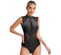 Nyeemya Maillot de Patinaje Artístico Danza Ballet para Mujer Adulto Brillantes Leotardo Gimnasia Rítmica Body sin Manga Retazos de malla Mono de Baile Negro XL