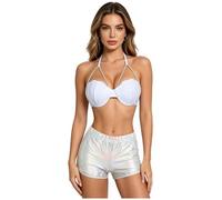 Nyeemya Mujer Conjunto Tankini Entrenamiento Sujetador De Sirena Y Pantalones Cortos Traje Festival Musical Plata M