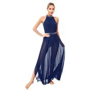 Nyeemya Mujer Vestido de Danza Lírica Leotardo Sin Mangas Patchwork Maillot de Danza Gimnasia Leotardo Clásico Ballet Split Tutu Rhinestone Disfraz Azul Marino F M