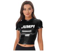 Nyeemya Mujeres Adultos Camiseta Metálica Top para Festivales De Música Top Metálico Brillante para Clubes De Fiesta Estampa Camiseta Rave De Tops Brillantes Negro S