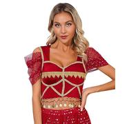 Nyeemya Top de Danza del Vientre para Mujer Camiseta de Lentejuelas Crop Top Corta Blusa Disfraz Bailerina Ropa de Baile borgoña B L