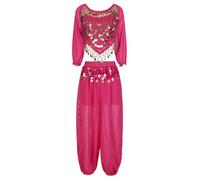 Nyeemya Traje de Danza del Vientre para Mujer Top y Pantalones Bombacho de Harén Disfraz de Princesa Árabe Bailarina Oriental Disfraz Bailarina Fiesta Rosa Caliente M