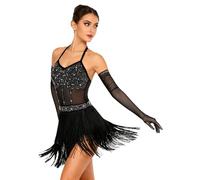 Nyeemya Traje de Danza Latina Salsa para Mujer con Flecos Maillot Patinaje Artístico con Guantes de Malla de Pedrerías Brillantes Traje Baile de Salón Tango Chachá S-XXL Negro XL