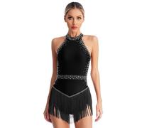 Nyeemya Vestido Baile de Salon Latino Profesional Maillot con Flecos Mujer Vestido de Patinaje Artistico sobre Hielo con Pedrería Brillante para Competición Negro S