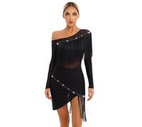 Nyeemya Vestido Baile Latino con Flecos Mujer Manga Larga Vestido de Patinaje Artistico Maillot con Falda Ballet Vestidos de Baile de Salon Negro XL