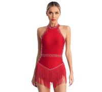Nyeemya Vestido Brillantes de Baile Danza Halter Leotardo sin Mangas con Borla Body con Flecos Salón Latino Tango Salsa Flapper Swing Falda borgoña L