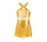 Nyeemya Vestido de Baile Latino con Flecos para Niñas Lentejuelas Vestido de Danza Tango Salsa Rumba Baile de Salón Traje de Samba Cha Cha Disfraz Bailarina Dorado D 11-12 años
