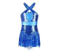 Nyeemya Vestido de Baile Latino con Flecos para Niñas Lentejuelas Vestido de Danza Tango Salsa Rumba Baile de Salón Traje de Samba Cha Cha Disfraz Bailarina Azul D 9-10 años