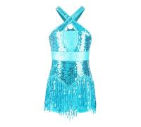 Nyeemya Vestido de Baile Latino con Flecos para Niñas Lentejuelas Vestido de Danza Tango Salsa Rumba Baile de Salón Traje de Samba Cha Cha Disfraz Bailarina Cielo Azul D 7-8 años