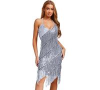 Nyeemya Vestido De Baile Latino con Flecos Rave Mujeres Samba Fiesta Rumba Salsa Y Cha-Cha Noche Aves Esequines Brillantes Mechones Cóctel Tango Club Plateado M