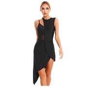 Nyeemya Vestido de Baile Latino para Mujer Asimétrico Sin Manga Maillot de Danza Ballet Contemporanea Transparente Leotardo de Gimnasia Rítmica Negro M