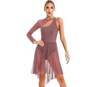 Nyeemya Vestido de Baile Latino para Mujer Asimétrico Sin Manga Maillot de Danza Ballet Contemporanea Transparente Leotardo de Gimnasia Rítmica Marrón Rojizo A L