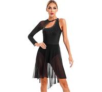 Nyeemya Vestido de Baile Latino para Mujer Asimétrico Sin Manga Maillot de Danza Ballet Contemporanea Transparente Leotardo de Gimnasia Rítmica Negro A L