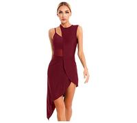 Nyeemya Vestido de Baile Latino para Mujer Asimétrico Sin Manga Maillot de Danza Ballet Contemporanea Transparente Leotardo de Gimnasia Rítmica Borgoña XXL