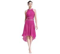 Nyeemya Vestido de Danza Lírica de Cuello Redondo para Mujer Vestido de Gasa sin Mangas Vestido de Baile con Pedrerías Brillantes Disfraz Bailarina S-XXL Rosa Caliente M