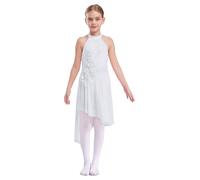 Nyeemya Vestido de Danza Lírica para Niñas Sin Mangas Cuello Halter Vestido de Baile de Volantes Falda de Gasa Actuación Disfraz de Bailarina 5-16 años Marfil 7-8 años
