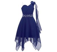 Nyeemya Vestido de Novia Pedrería Niña Flor Ceremonia Vestido Bautizo Elegante Vestido de Fiesta con un Hombro Carnaval Espalda Descubierta 5-16 Años Azul Marino 15-16 años