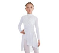Nyeemya Vestido Patinaje Artistico Sobre Hielo para Niñas Maillot Ballet de Manga Larga Leotardo Gimnasia Bailarina Maillot Danza Niña para Competición Blanco E 5-6 años