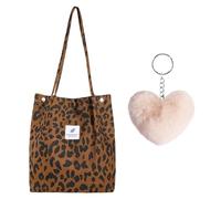 NYGGTYK 1 bolso de hombro de pana con estampado de leopardo y 1 colgante de albaricoque en forma de corazón, bolso de hombro para mujer, bolso de compras grande, bolso de compras moderno y versátil,