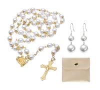 NYGGTYK 1 Collar De Perlas Cruzadas, 1 Par De Aretes De Perlas, 1 Pieza De Joyería De Almacenamiento De Joyas, Juego De Joyas De Rosario Católico, Decoración De Rosario Cruzado Vintage.