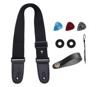 NYGGTYK 1 correa de guitarra negra, 1 hebilla de cinturón, 2 cierres de hebilla de goma, 3 púas de guitarra, juego de correas de guitarra, cierre de correa de guitarra eléctrica, correa cruzada,