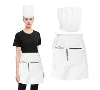 NYGGTYK 1 delantal de longitud media, gorro de chef ajustable, delantal con bolsillos, unisex, ropa de cocina, juego de ropa de catering (blanco)