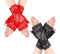 NYGGTYK 2 Pares de Guantes de Encaje Con Medio Dedo, Sin Dedos, Cortos, Creativos Para Protección Solar y Decorativos Para Vestidos de Novia (Rojo, Negro)