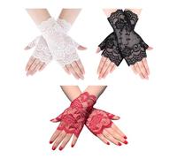NYGGTYK 3 pares de guantes sin dedos, guantes de encaje, guantes de medio dedo, guantes de fiesta para mujer, guantes de satén, accesorios para fiestas de té, adecuados para bodas, óperas, guantes de