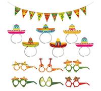 NYGGTYK 6 Piezas De Banda para Sombrero Mexicano, 6 Piezas De Gafas Mexicanas, 1 Pieza De Bandera Triangular, Accesorios De Fotos Divertidos, Decoraciones De Fiestas Mexicanas